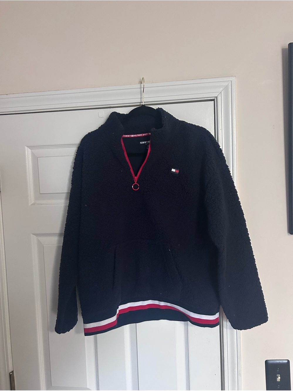 Tommy Hilfiger woman Black Sherpa Pullover with Red & White Trim